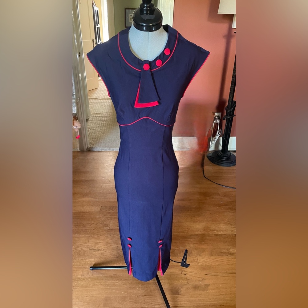 Elegant Navy Blue Dress with Red Accents